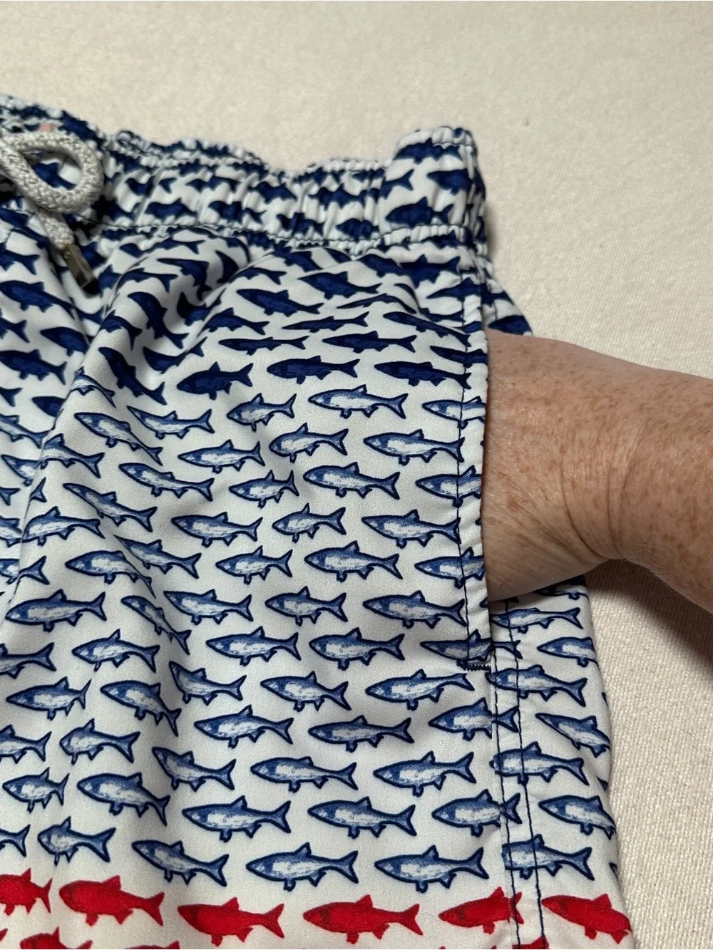 Men's Medium Shark Print Swim Trunks in Red White & Blue